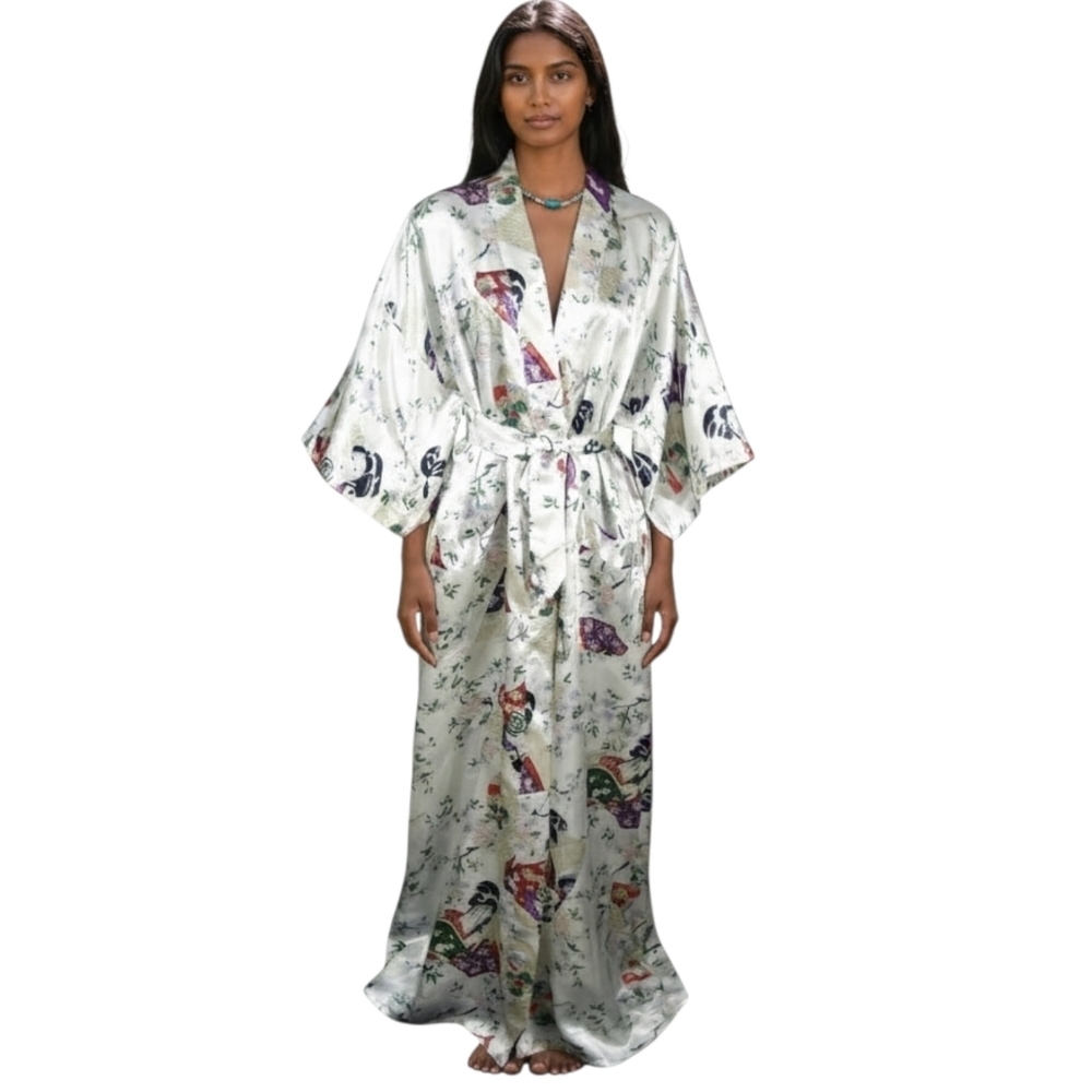 Elegant Oriental Ivory Floral Satin Kimono Robe